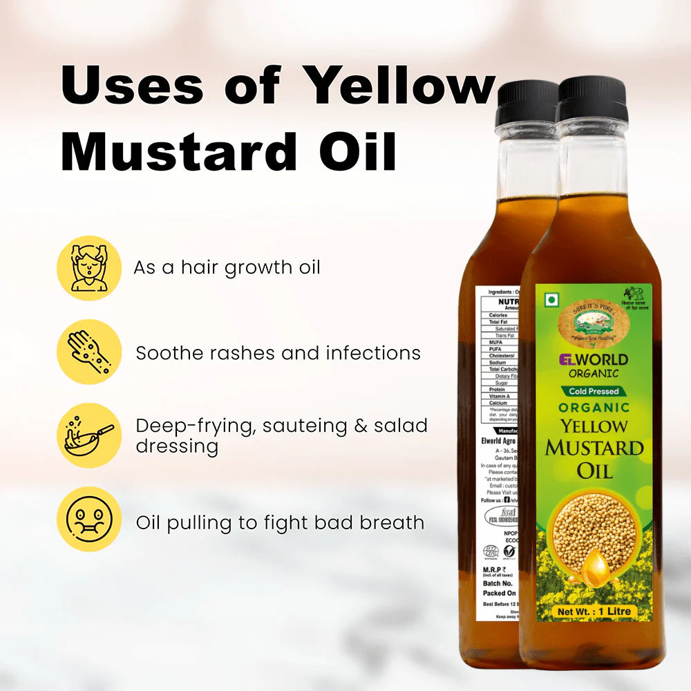 Mustard Oil | Yellow Mustard Oil - Organic - Cold Pressed - No Added Chemicals &amp; Pesticides Free - Elworld Organic - 500ml