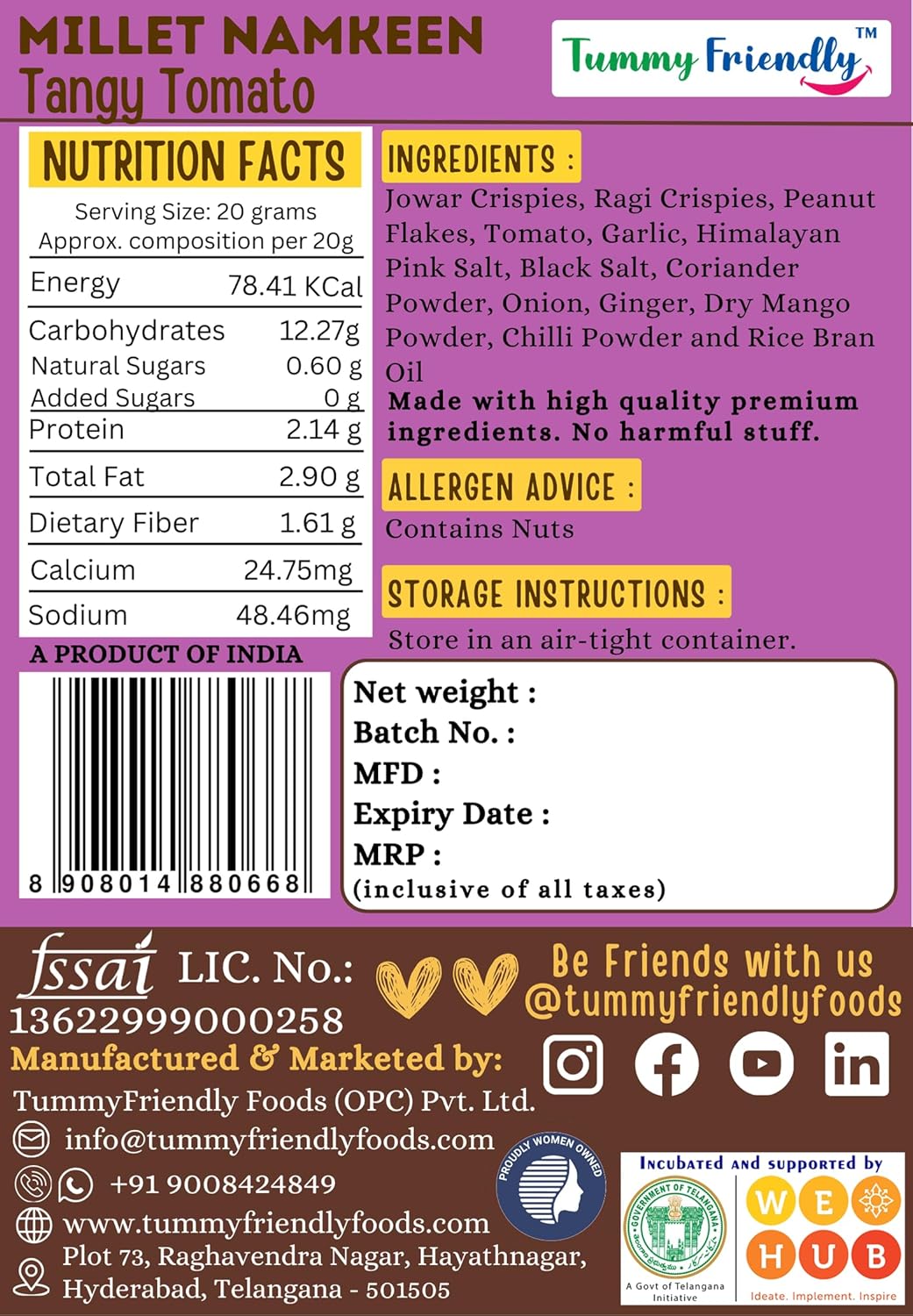 Millet Namkeen | Tangy Tomato - Ragi &amp; Bajra - Roasted, Not Fried - No Pam Oil, Preservatives Free &amp; Chemical Free - Tummy Friendly - 70gm