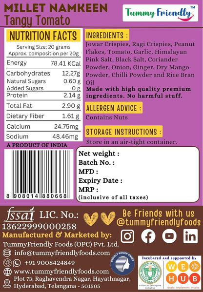 Millet Namkeen | Tangy Tomato - Ragi &amp; Bajra - Roasted, Not Fried - No Pam Oil, Preservatives Free &amp; Chemical Free - Tummy Friendly - 70gm