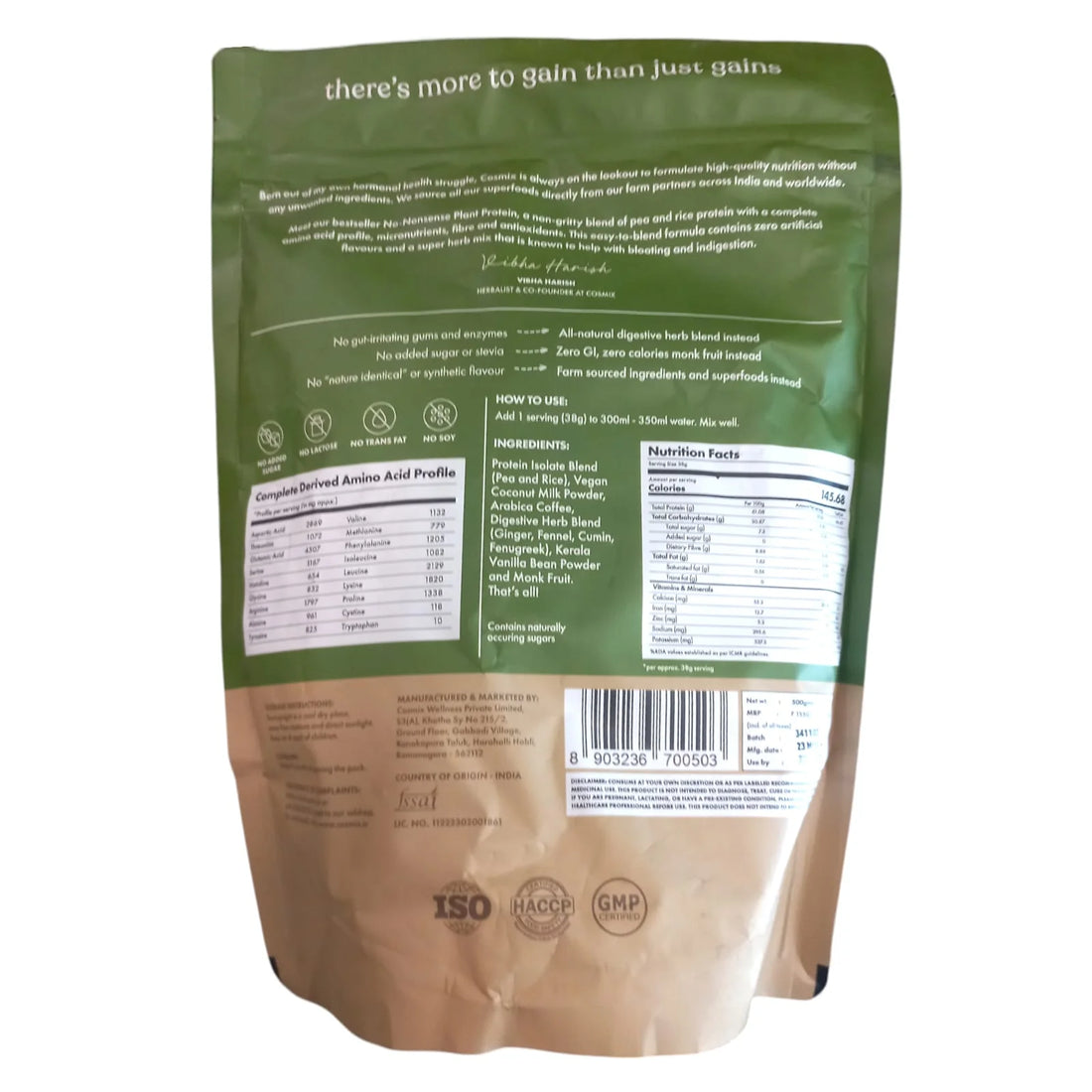 Protein Powder | Plant Protein – No Nonsense – (Malnad Arabica Coffee) – 24gm Protein Per Serving – Gut Friendly, Lactose Free, No Trans Fat, Soy Free, No Added Sugar, Stevia, Gums, Enzymes & No Added Artificial Flavours – Cosmix – 1000gm