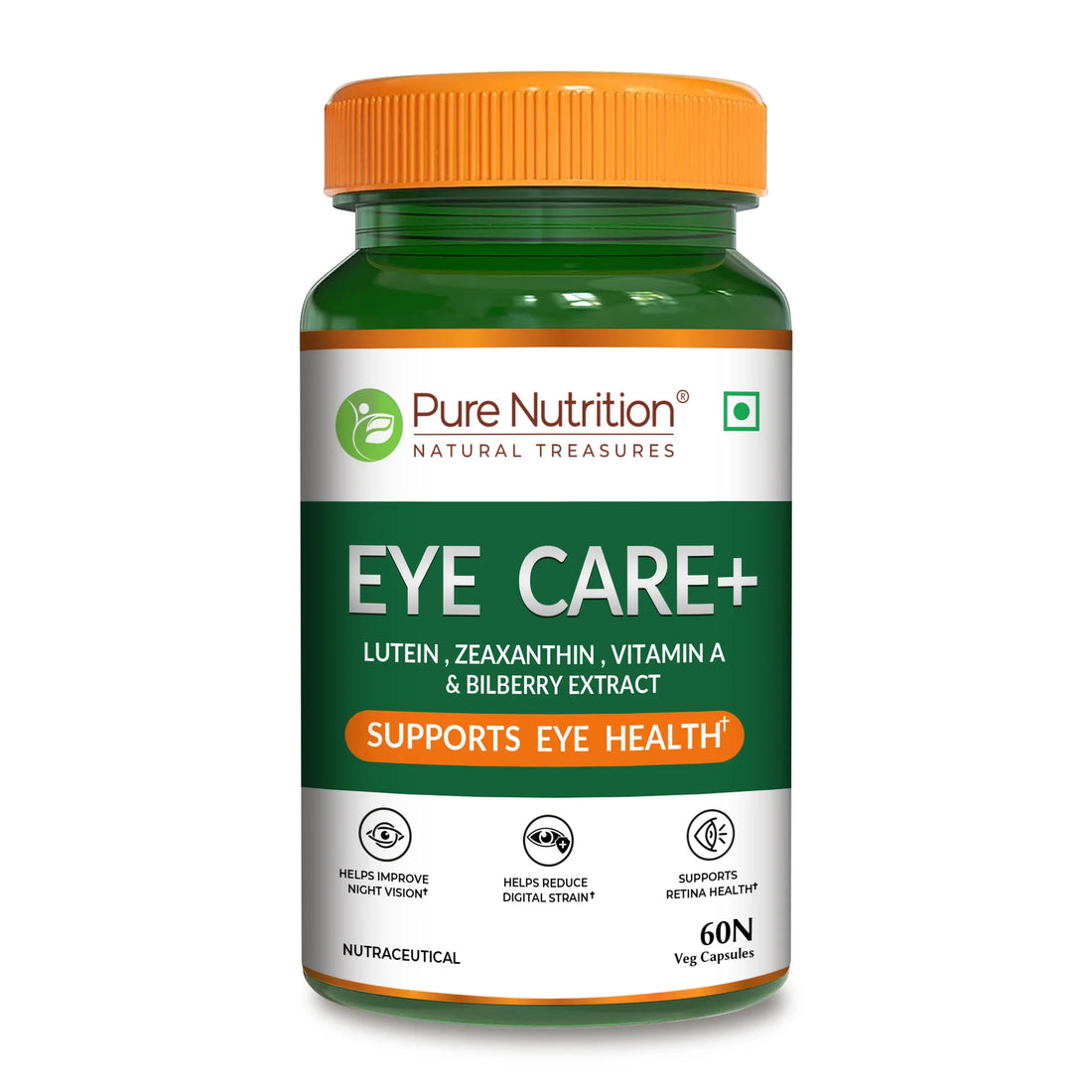Eye Care+ | Lutein, Zeaxanthin, Vitamin A & Bilberry - Support Eye Health, Improve Night Vision, Reduce Digital Strain, Support Retina Health- Pure Nutrition- 60 Veg Capsules