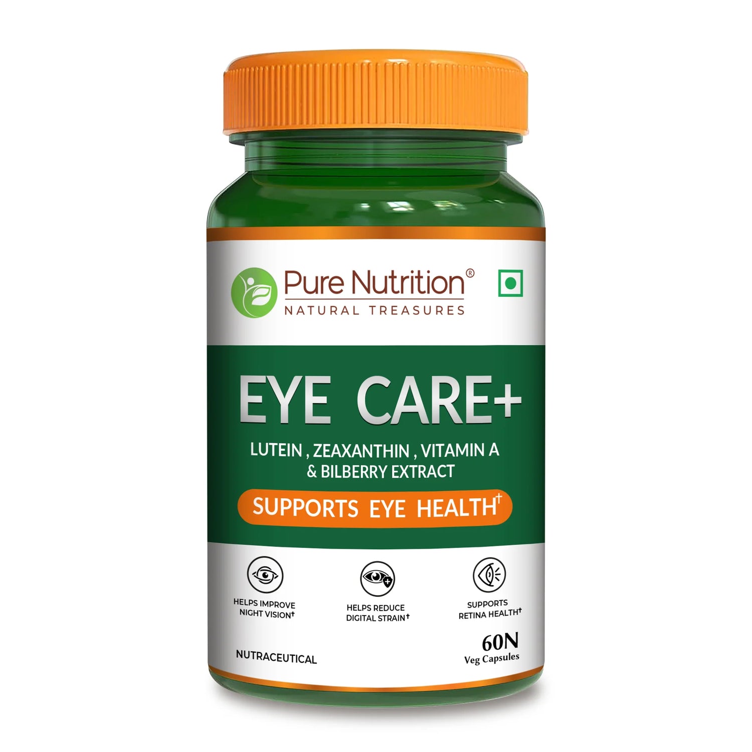 Eye Care+ | Lutein, Zeaxanthin, Vitamin A &amp; Bilberry - Support Eye Health, Improve Night Vision, Reduce Digital Strain, Support Retina Health- Pure Nutrition- 60 Veg Capsules