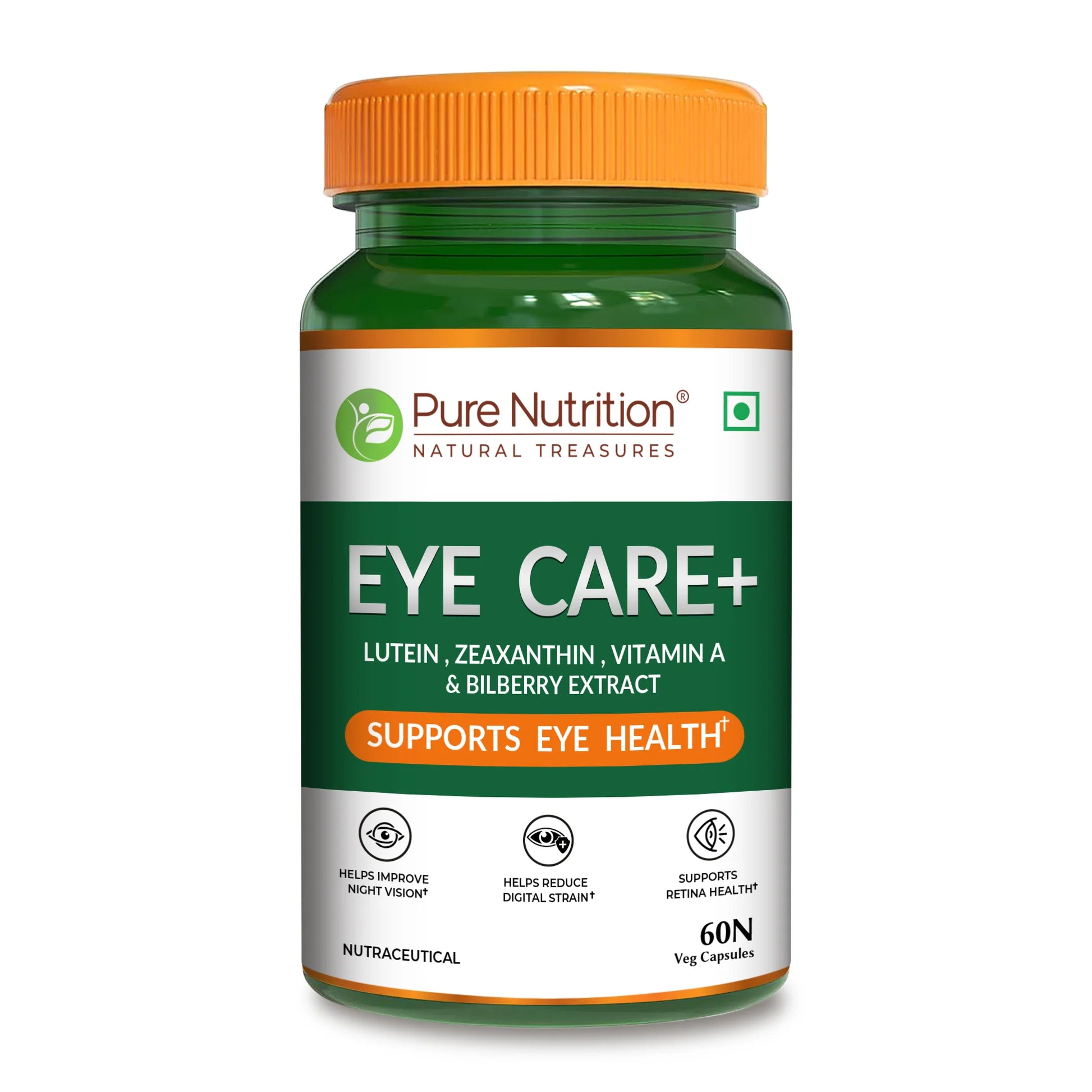 Eye Care+ | Lutein, Zeaxanthin, Vitamin A &amp; Bilberry - Support Eye Health, Improve Night Vision, Reduce Digital Strain, Support Retina Health- Pure Nutrition- 60 Veg Capsules