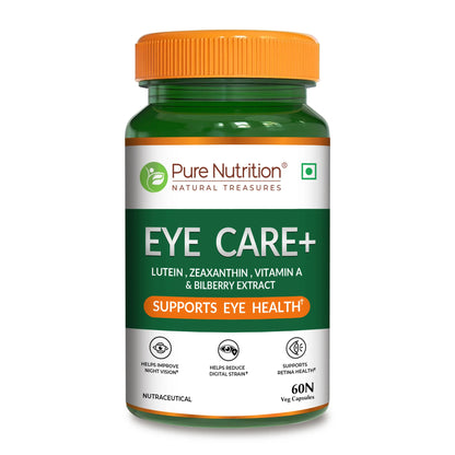 Eye Care+ | Lutein, Zeaxanthin, Vitamin A &amp; Bilberry - Support Eye Health, Improve Night Vision, Reduce Digital Strain, Support Retina Health- Pure Nutrition- 60 Veg Capsules