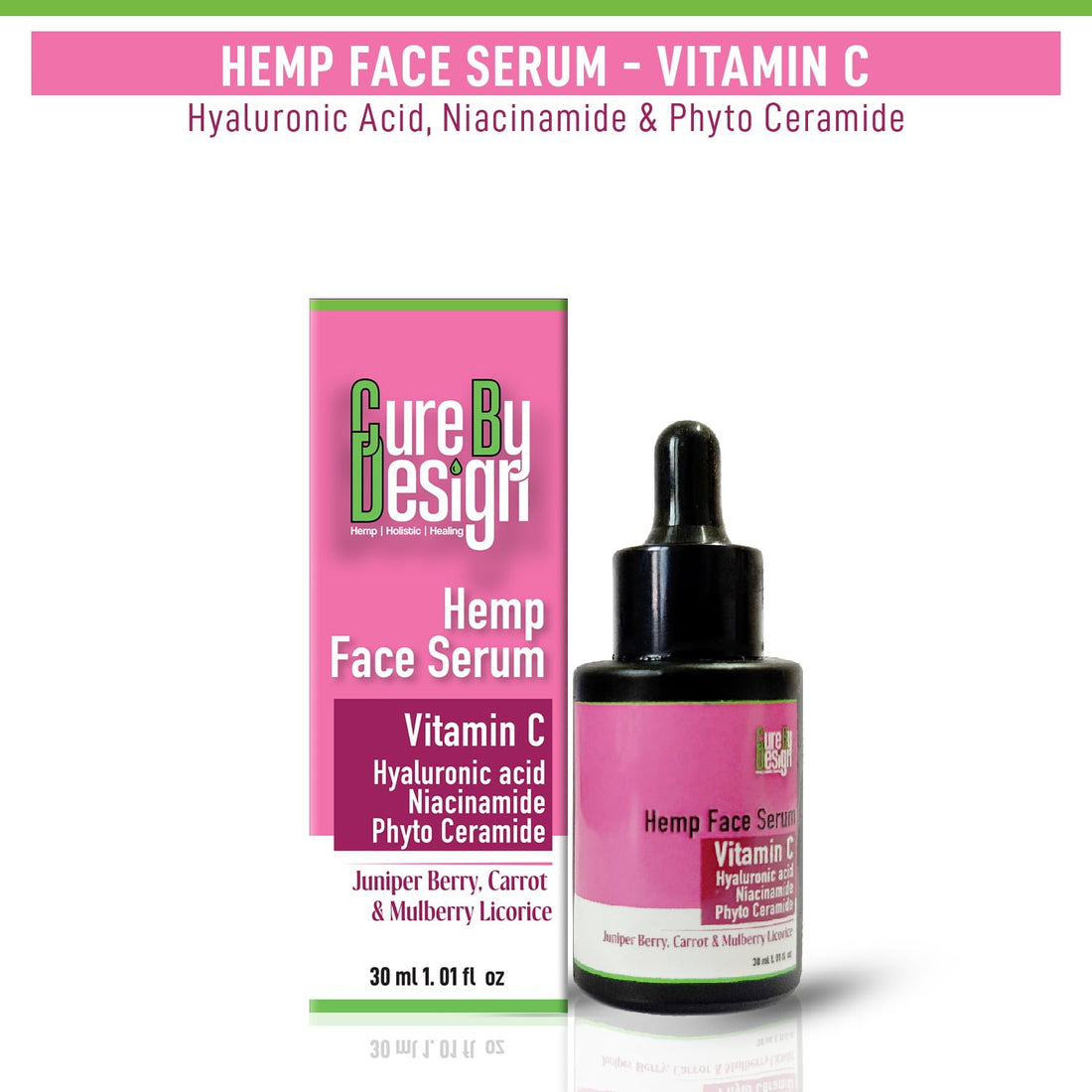 Face Serum | Hemp Face Serum - Viatmin C Hyaluronic Acid Niacinamide Phyto Ceramide - Juniper Berry, Carrot & Mulberry Licorice - Paraben Free & Cruelty Free - Cure By Design - 30ml