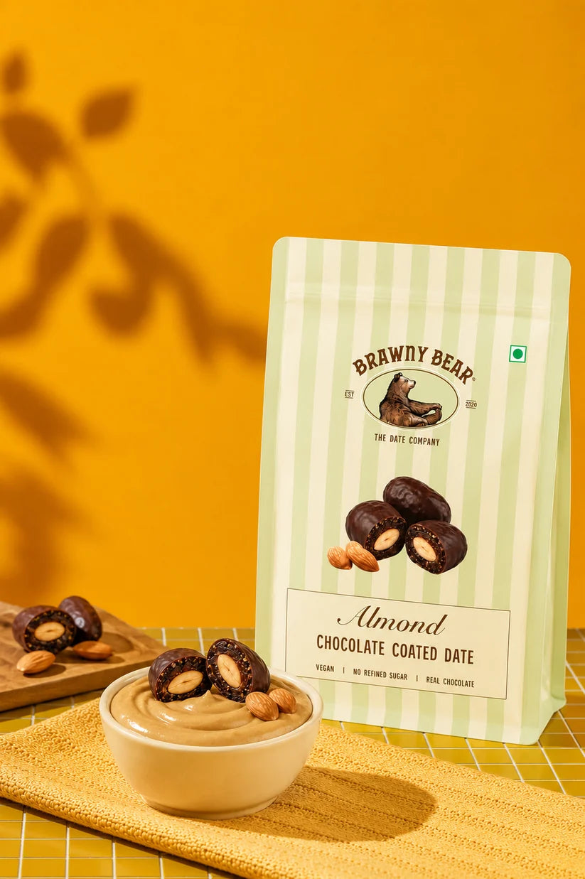 Almond Chocolate Coated Date ( 55% dark chocolate)  -Real Chocolate -100% Vegan and Gluten-free -No refined sugar, No Added Sugar &amp;amp; No Preservatives - Brawny Bear - 100gm