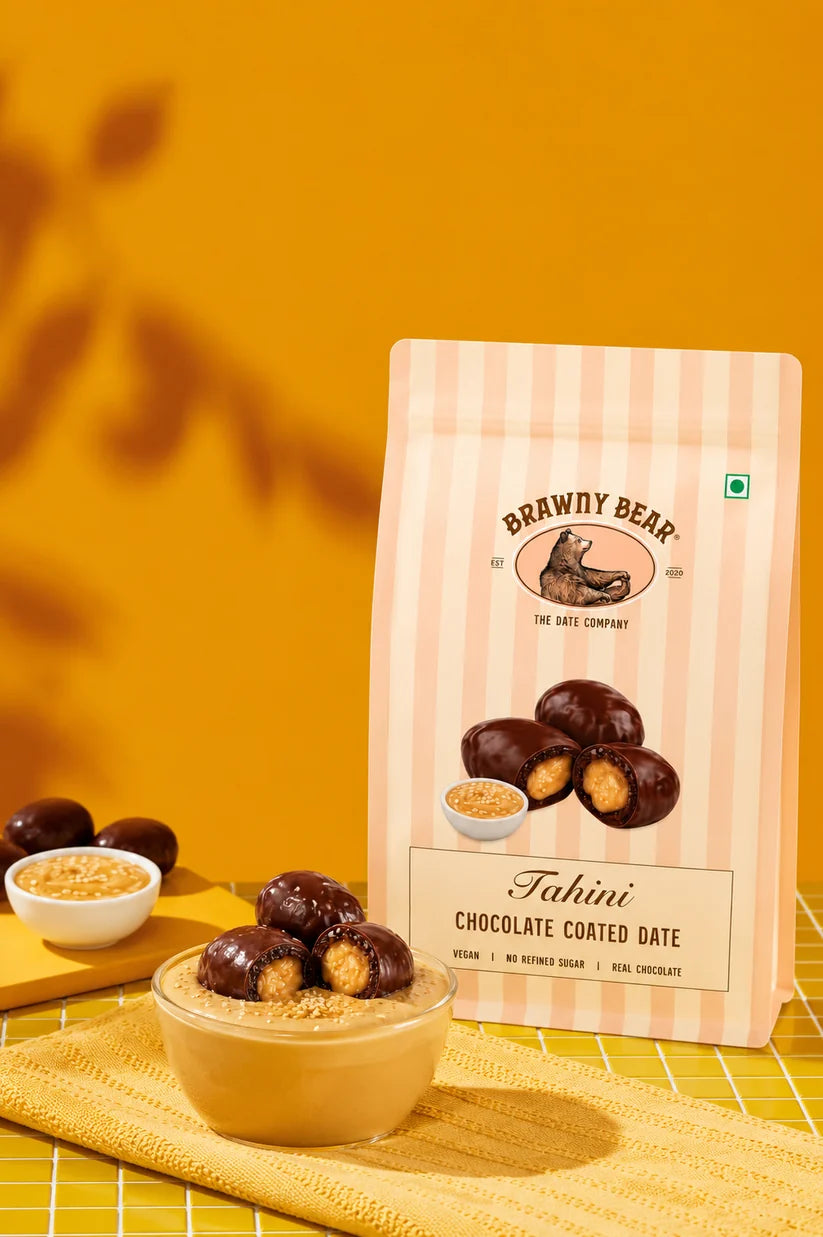Tahini | Chocolate Coated Date ( Whole almonds + Arabian dates + 55% dark chocolate )  -Real Chocolate -100% Vegan and Gluten-free -No refined sugar, No Added Sugar &amp;amp; No Preservatives - Brawny Bear - 100gm