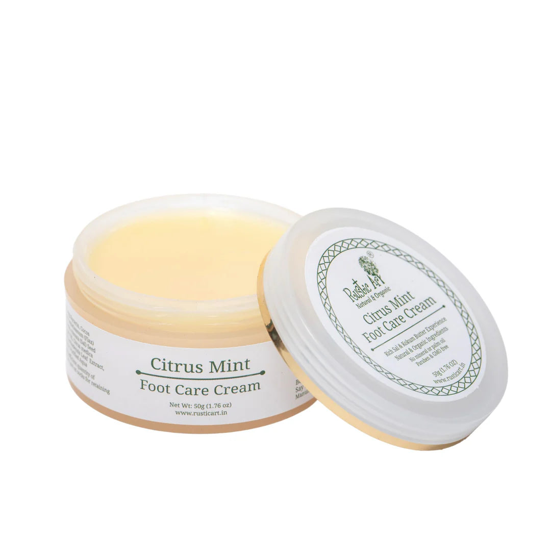 Foot Care Cream | Citrus Mint (Rich Sal & Kokum Butter) - Natural & Organic - No Mineral, No Palm Oil, Paraben & GMO Free - Rustic Art - 50gm