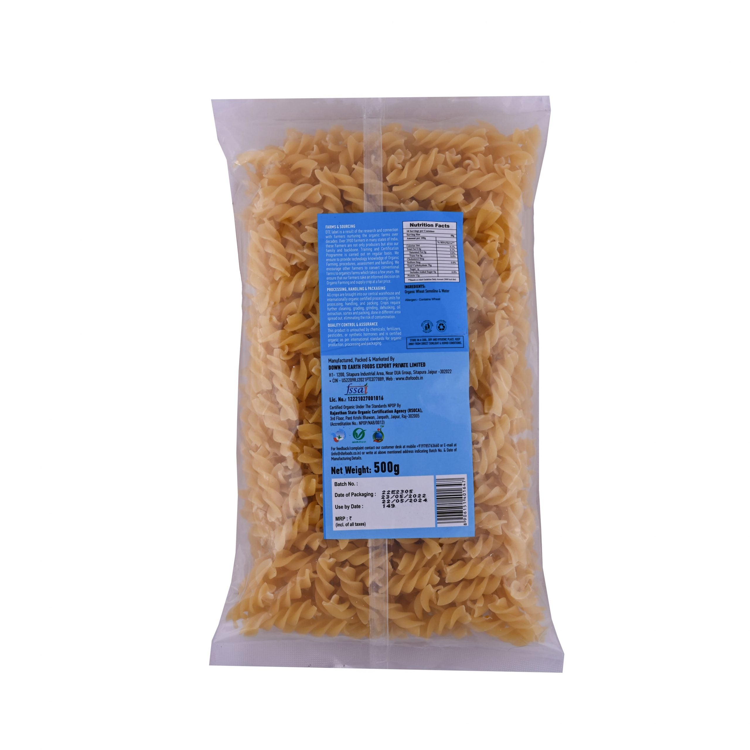 Pasta | Fusilli (Wheat Suji) - Certified Organic – DTE – 500gm