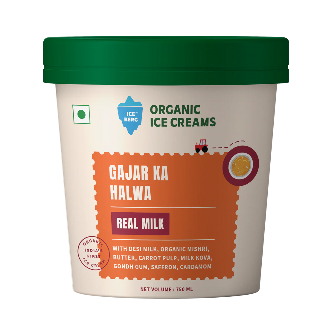 Ice Cream | Gajar Ka Halwa Ice Cream (Made From Real Milk, Gondh Gum, Organic Butter, Gajar Ka Halwa ) - Churned with authentic & Real ingredients - Iceberg Organic Ice Cream - 750ml