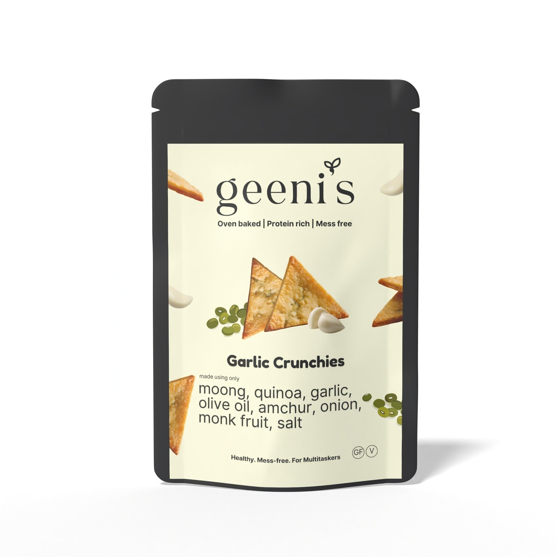 Crunchies | Garlic Crunchies - Oven Baked - Vegan, Gluten Free, High In Protein, Mess Free, No Preservatives, Additives &amp; No Added Artificial Ingredients - Geenis - 50gm