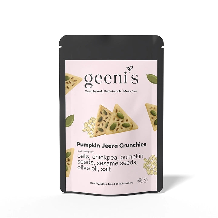 Crunchies | Pumpkin Jeera Crunchies - Oven Baked - Vegan, Gluten Free, High In Protein, Mess Free, No Preservatives, Additives &amp; No Added Artificial Ingredients - Geenis - 50gm