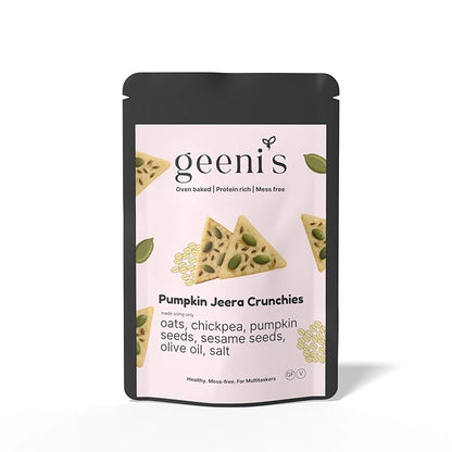 Crunchies | Pumpkin Jeera Crunchies - Oven Baked - Vegan, Gluten Free, High In Protein, Mess Free, No Preservatives, Additives &amp; No Added Artificial Ingredients - Geenis - 50gm