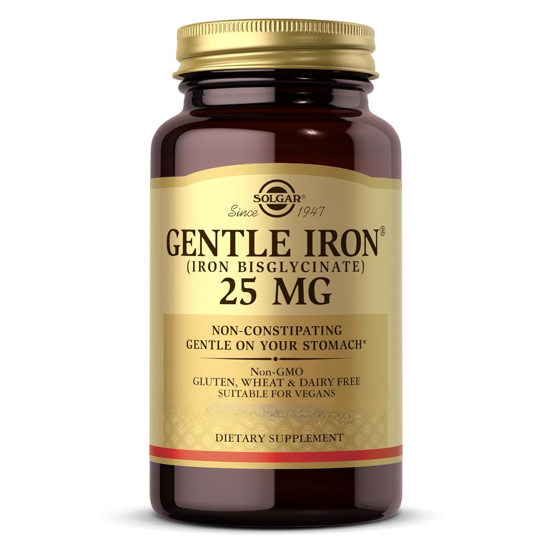 Gentle Iron |  (Iron Bisglycinate) - 25mg - Non Constipating - Vegan, Gluten Free, Wheat Free, Dairy Free &amp; Non GMO - Solgar - 90 Vegetables Capsules