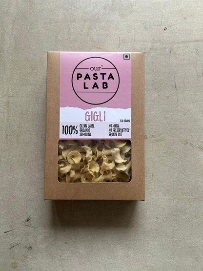 Pasta | Eggfree Gigli Pasta (Semolina &amp;amp; Turmeric) – 100% Semolina – No Maida &amp;amp; No Added Preservatives - Our Pasta Lab – 250gm