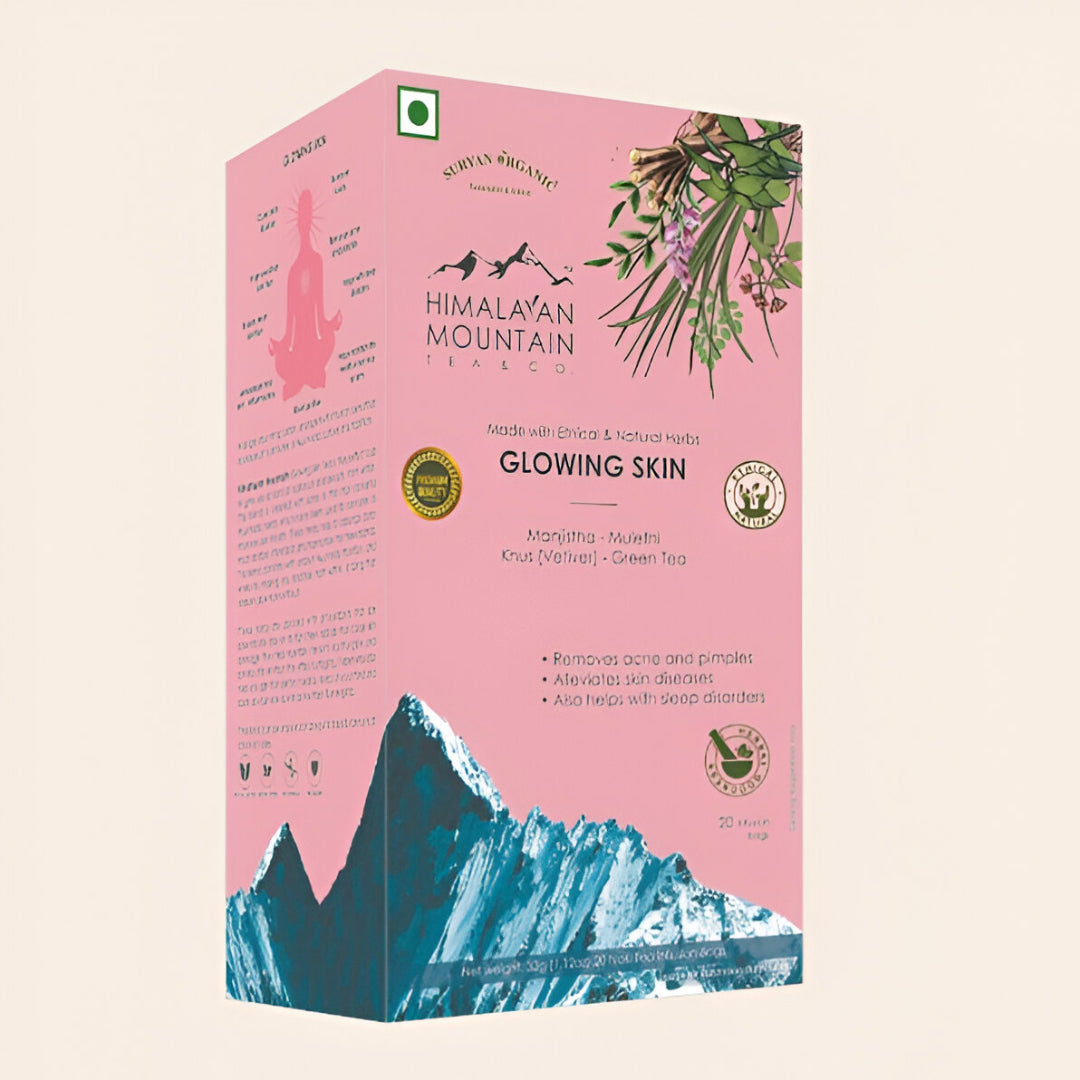 Tea | Glowing Skin (Made With Ethical & Natural Herbs) - Manjistha - Mulethi Khus (Vetiver - Green Tea - Removes Acne, Pimples, Alleviates Skin Diseases & Also Helps With Sleep Disorder - Himalayan Mountain – 1.60g x 20 Infusion Bags