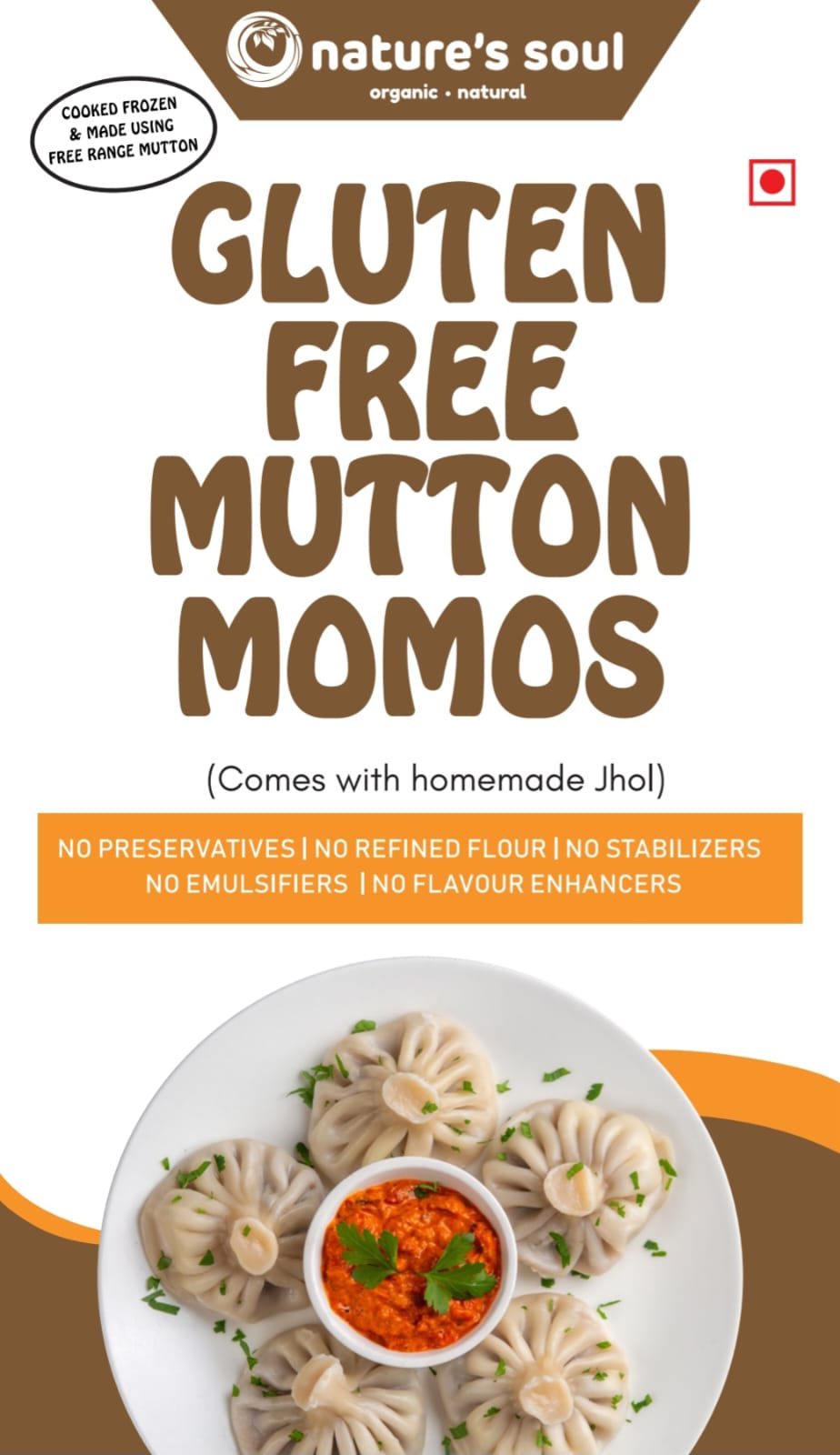 Momos | Gluten Free Mutton Momos - Frozen - With Homemade Jhol - Free Range Mutton, No Refined Flour, No Preservatives & No Flavour Enhancers – Nature’s Soul – Box of 12
