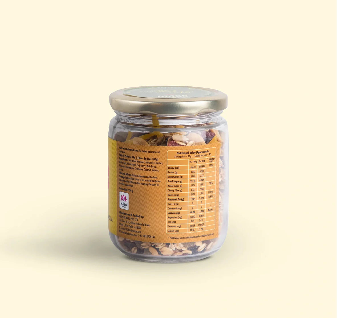 Granola | Goji Berry Mango Granola  With Dates- Plant Based Whole Food-Gluten Free - Oil Free, No Added Preservatives, Lactose Free &amp; Diabetic Friendly - Bliss Box Foods - 250gm