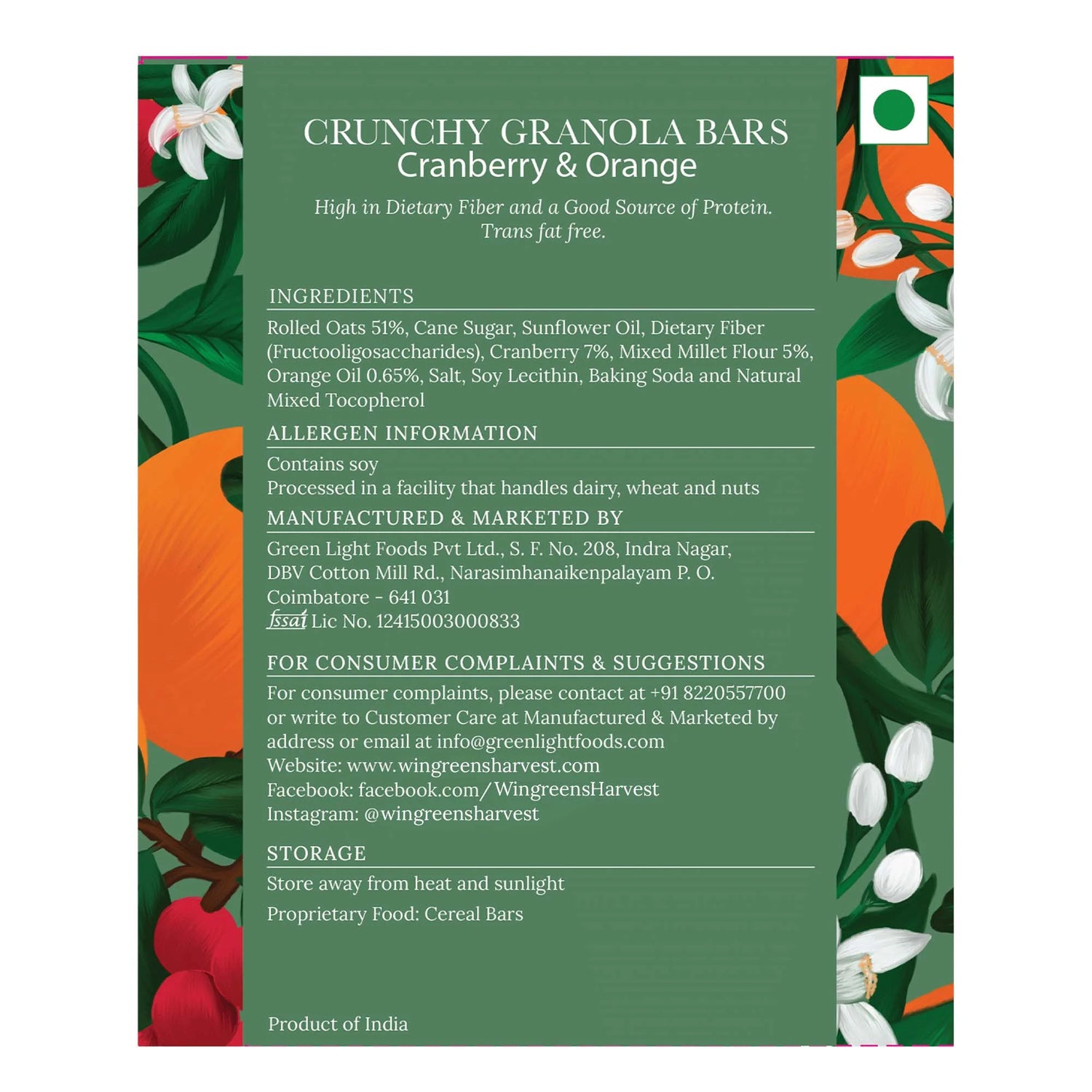 Crunchy Millet Granola Bars - Cranberry &amp;amp; Orange – Vegan &amp; Gluten Free - Wingreens Harvest - 40gm x 6