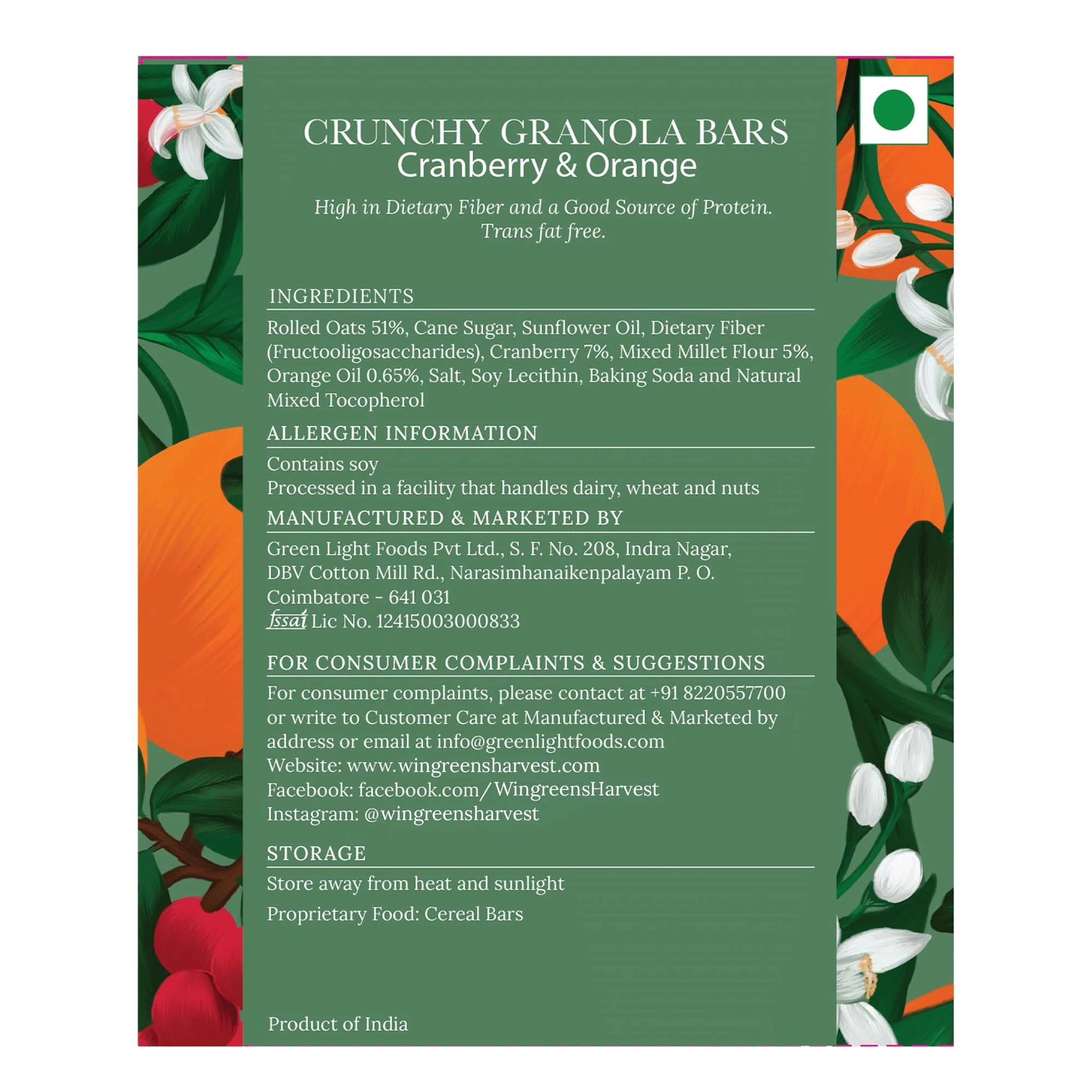 Crunchy Millet Granola Bars - Cranberry &amp;amp; Orange – Vegan &amp; Gluten Free - Wingreens Harvest - 40gm x 6