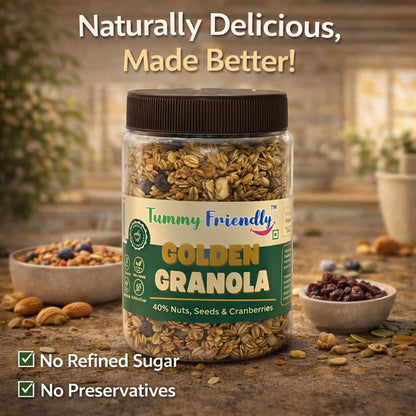 Granola | Golden Granola (40% Nuts, Seeds, &amp; Cranberries )-100% Natutral  -No Palm Oil,  No Added Refined Sugar, Zero Trans Fats - Tummy Friendly - 400gm