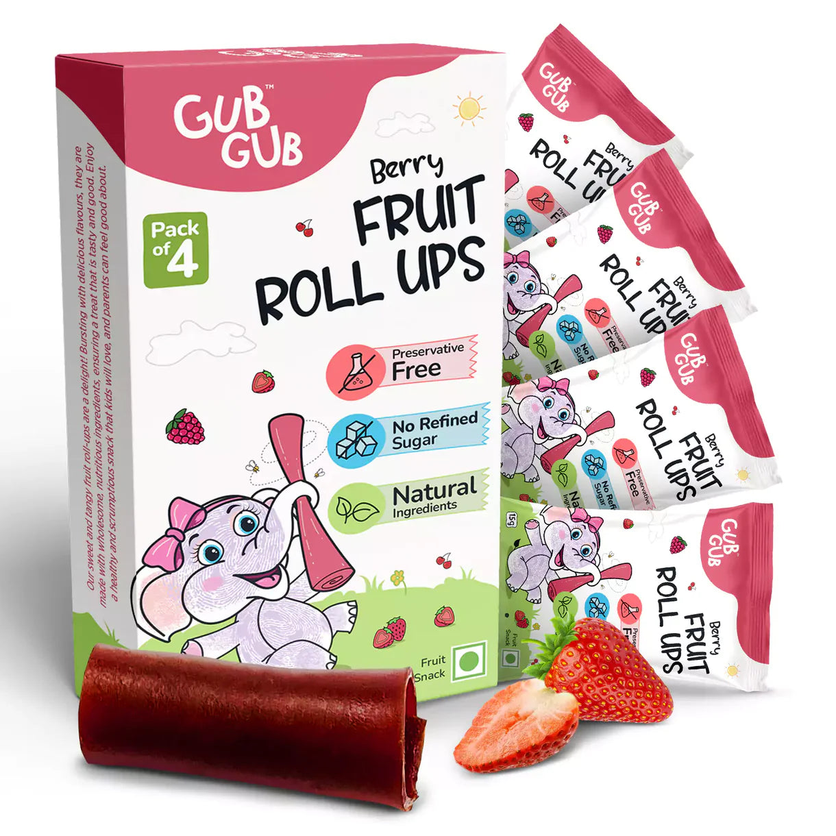 Fruit Roll-Ups| Berry Fruit Roll-Ups  – 12+ Months – Fruit Snack - All Natural Ingredients – No Added Preservatives &amp; No Refined Sugar – GUB GUB – Pack Of 4 -60gm