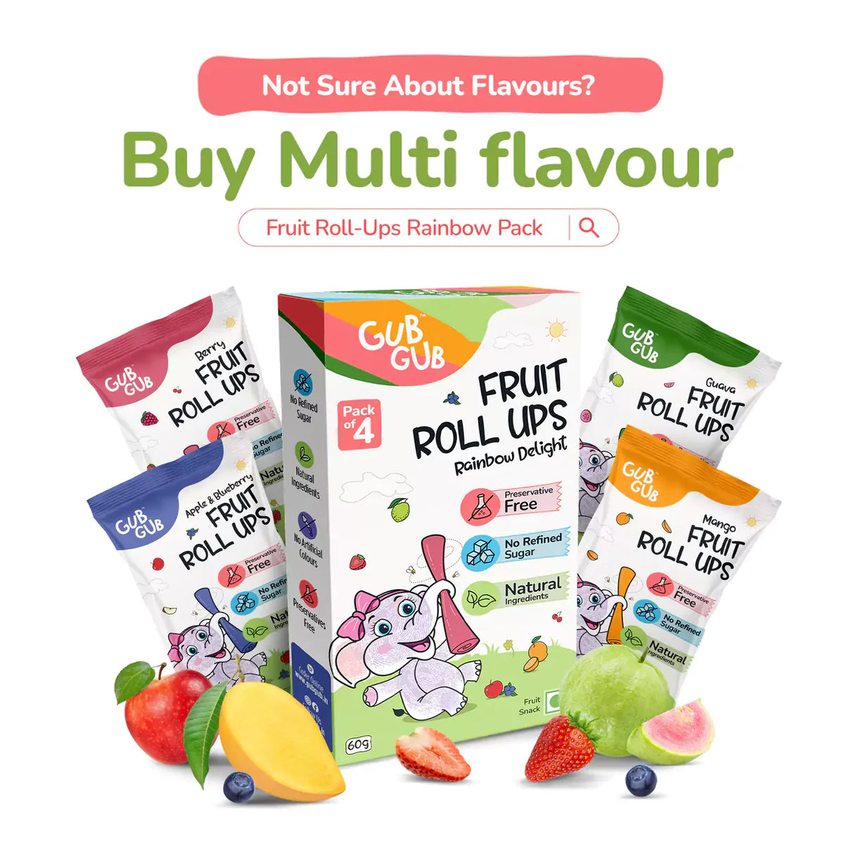 Fruit Roll-Ups| Berry Fruit Roll-Ups  – 12+ Months – Fruit Snack - All Natural Ingredients – No Added Preservatives &amp; No Refined Sugar – GUB GUB – Pack Of 4 -60gm