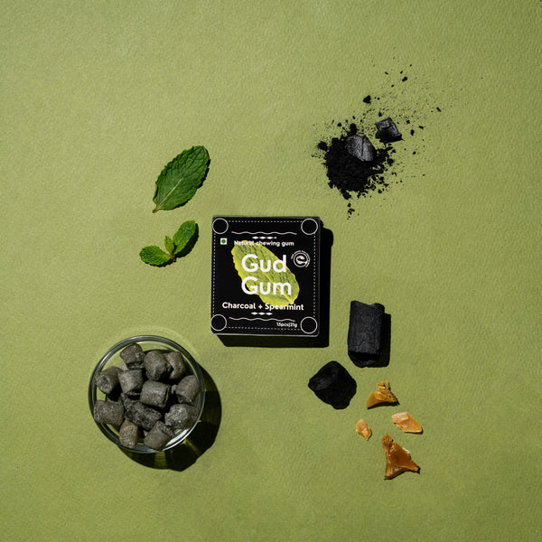 Charcoal Mint Chewing Gum - Sweet - 15 Pieces Per Pack - Natural - Indian - Vegan, Sugar Free & Plastic Free - Gud Gum - 21gm