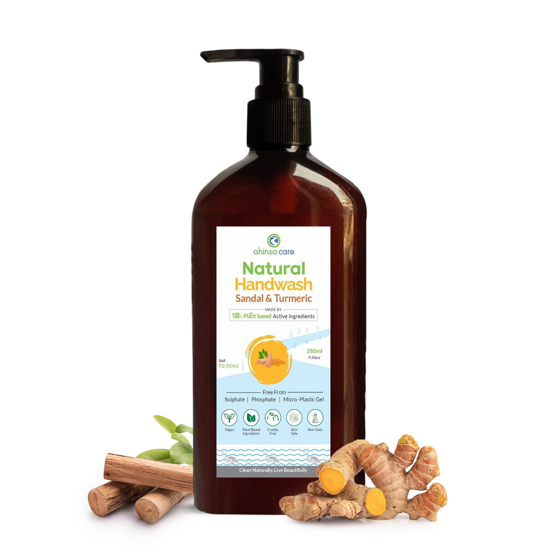 Handwash | Natural Handwash Sandal And Turmeric - No Artificial Ingredients &amp; Parabens Free - Ahinsa Care - 280ml