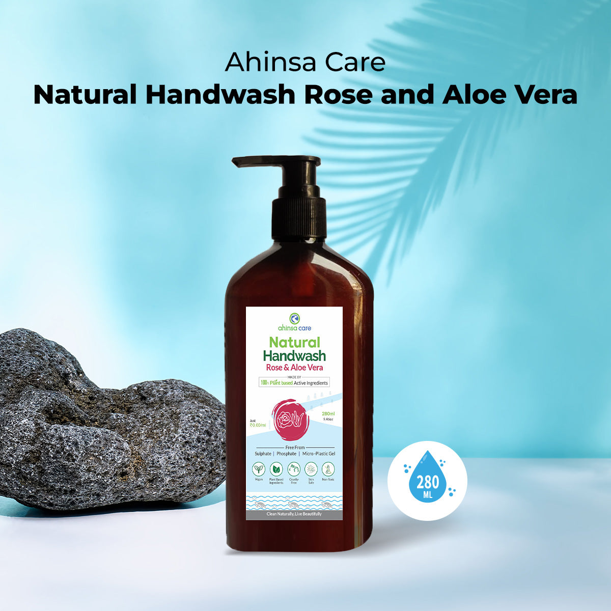 Hand Wash | Natural Handwash Rose And Aloe Vera - No Artificial Ingredients &amp; Parabens Free - Ahinsa Care - 280ml