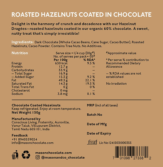 Chocolate | Chocolate Coated Hazelnut Dragées - Pure &amp; Natural - Plant Based - No Additives - Mason &amp; Co - 150gm
