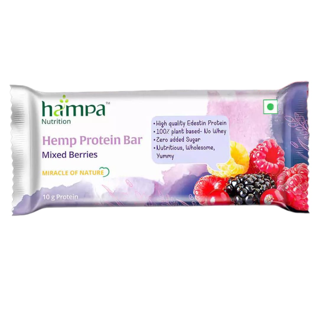 Bar | Hemp Protein Bar (Mixed Berries) - Sweetened With Dates - 10g Protein - 100% Plant Based - Vegan, Gluten Free. Lactose Free, No Whey & No Added Sugar - Hampa - 50gm