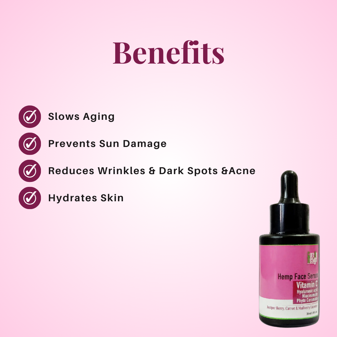 Face Serum | Hemp Face Serum - Viatmin C Hyaluronic Acid Niacinamide Phyto Ceramide - Juniper Berry, Carrot &amp; Mulberry Licorice - Paraben Free &amp; Cruelty Free - Cure By Design - 30ml