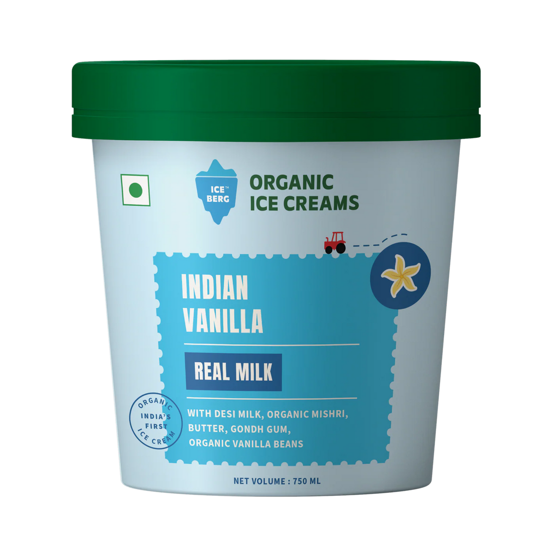 Ice Cream | Indian Vanilla Ice Cream (Made From Real Milk, Gondh Gum, Organic Butter, Indian Vanilla) - Churned with Authentic &amp; Real Ingredients - Iceberg Organic Ice Cream - 750ml