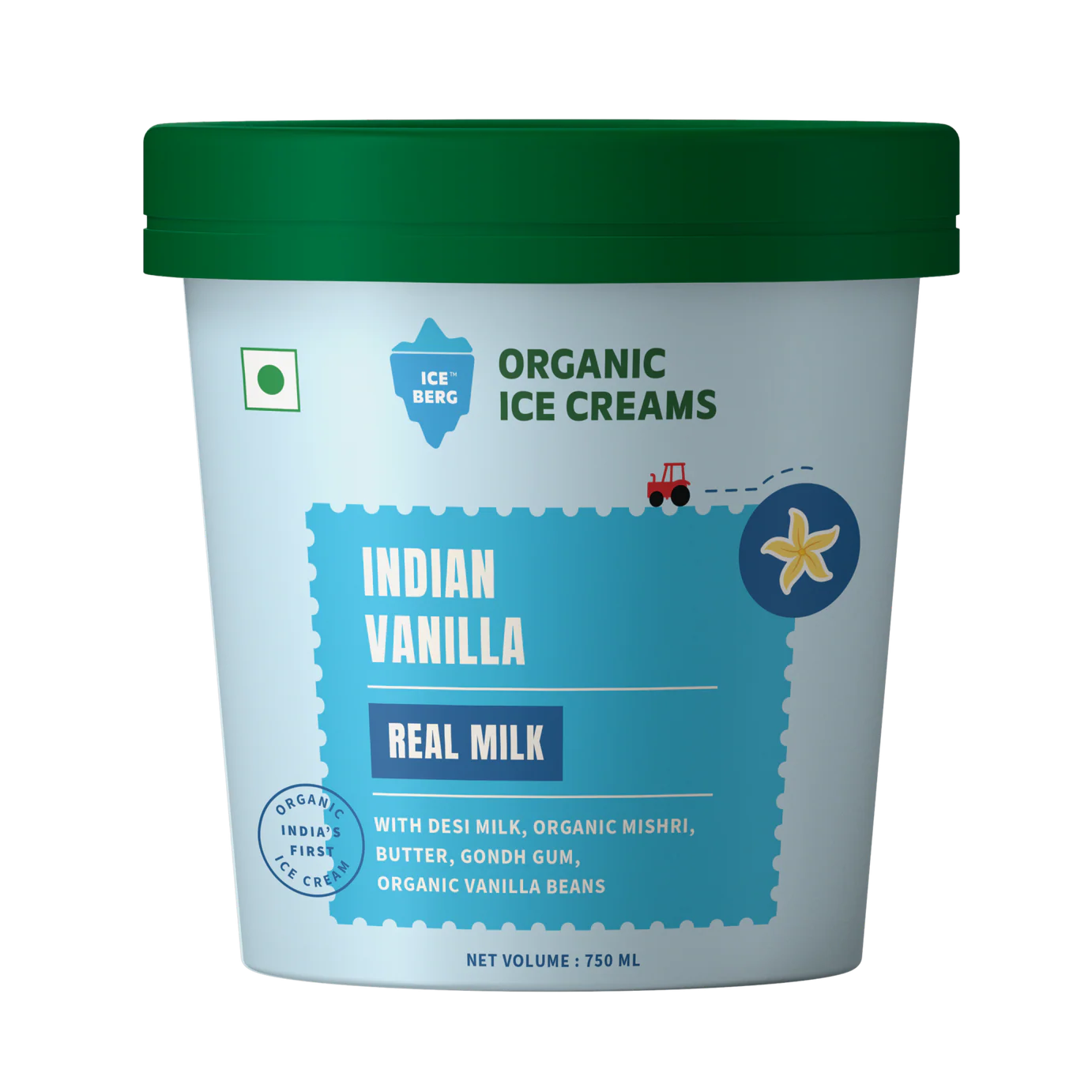 Ice Cream | Indian Vanilla Ice Cream (Made From Real Milk, Gondh Gum, Organic Butter, Indian Vanilla) - Churned with Authentic &amp; Real Ingredients - Iceberg Organic Ice Cream - 750ml