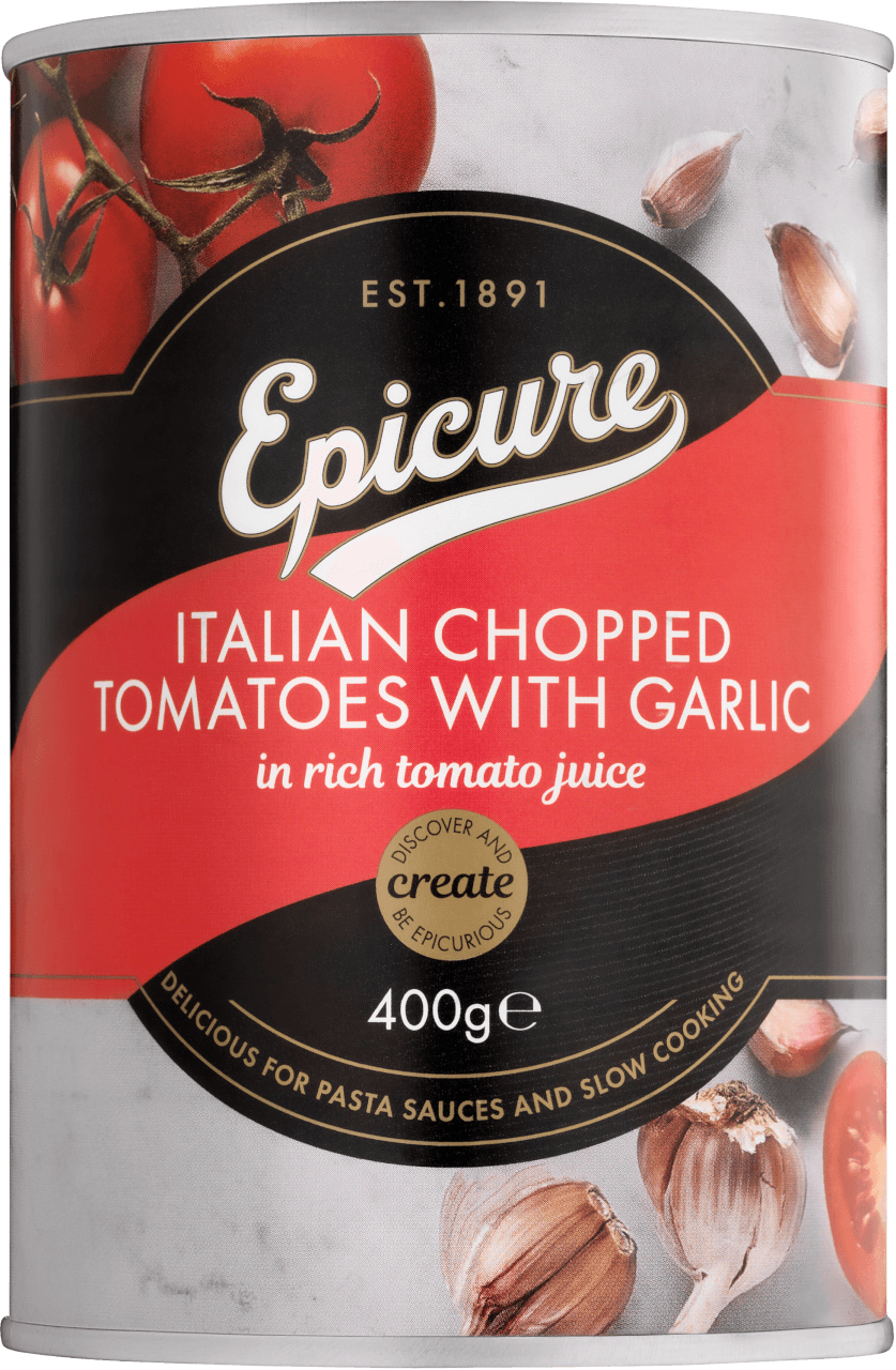 Chopped Tomatoes | Italian Chopped Tomatoes with Garlic In Rich Tomato Juice - Delicious For Pasta Sauces And Casseroles - Epicure - 400gm