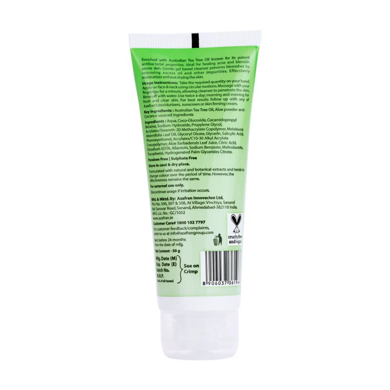 Face Wash | Tea Tree Skin Clearing Face Wash (Made With Certified Organic Ingredients) - Reduces Blemishes &amp; Brightens Skin Tone - For Normal And Combination Skin - Vegan, Cruelty Free, Paraben Free &amp; Sulphate Free - Azafran – 100gm