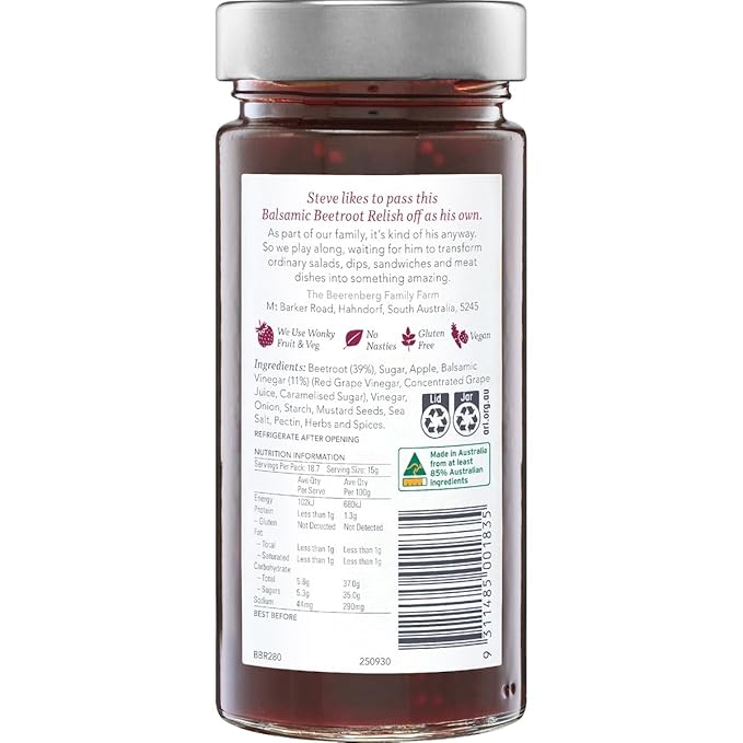Relish | Balsamic Beetroot Relish (Steve)- Gluten Free - No Added Colour &amp; No Added Preservatives - Beerenberg - 280gm