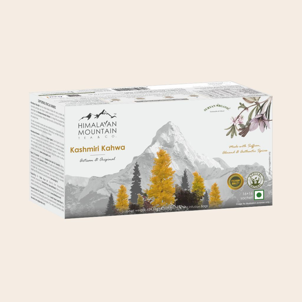 Tea | Kashmiri Kahwa - With Saffron Almond & Authentic Spices - Made With Ethical & Natural Herbs - Himalayan Mountain - Tea Bag 16+16n
