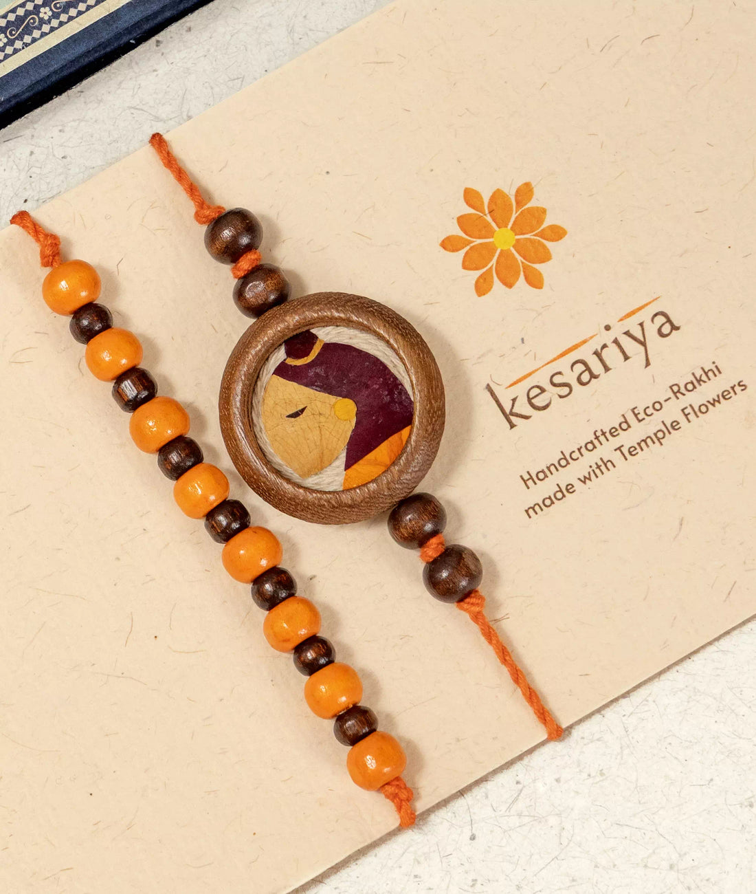 Rakhi | Kesariya Rakhi (Made From Cotton, Jute, Wooden beads &amp; With Pressed Flower Petals) – Handcrafted – Eco Friendly – Nature’s Soul - Single Piece