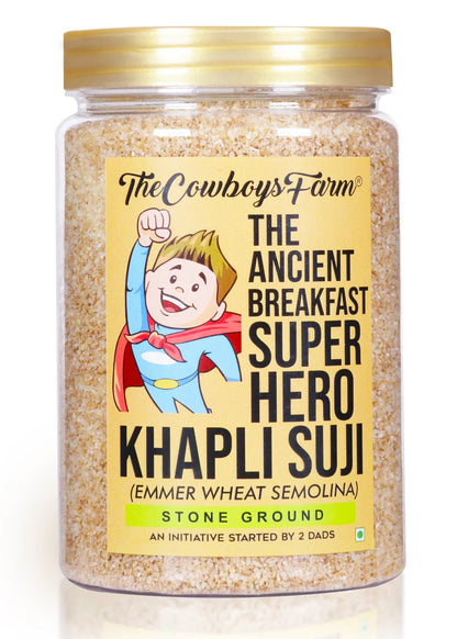 Khapli Suji | Ancient Breakfast Super Hero Khapli Suji-Emmer Wheat Semolina (Stone Ground) -No Maida, No Additives &amp; No Preservatives– The Cow Boys Farm – 500gm