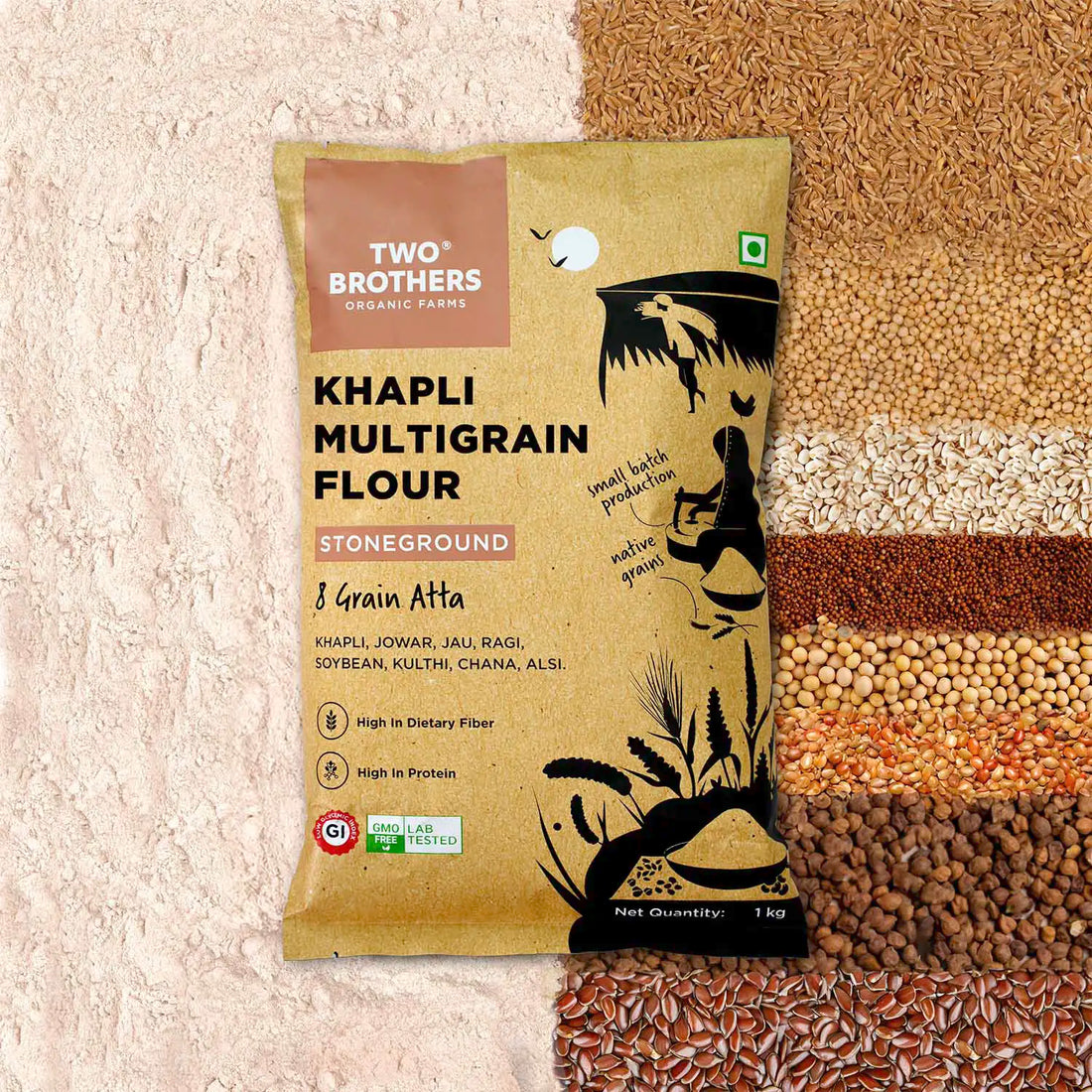 Khapli Flour | Khapli Multigrain Atta - 8 Grain Atta - Stoneground - High In Fiber And Protein  - Two Brothers – 1000gm