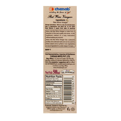 Vinegar | Red Wine Vinegar - 6% Acidity - No Artificial Colors &amp; No Added Sugar - Dolce Vita - 500ml