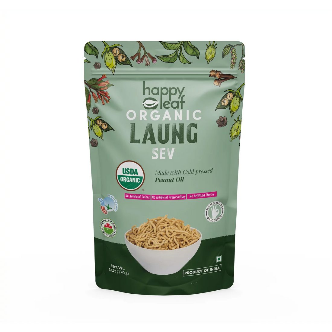 Laung Sev | (Made With Cold Pressed Peanut Oil) – USDA Organic – No Artificial, Flavours, Color & No Artificial Preservatives – Happy Leaf – 170gm