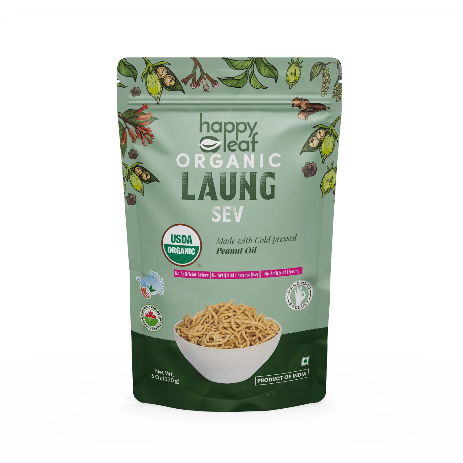 Laung Sev | (Made With Cold Pressed Peanut Oil) – USDA Organic – No Artificial, Flavours, Color &amp;amp; No Artificial Preservatives – Happy Leaf – 170gm