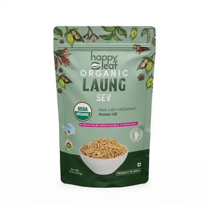 Laung Sev | (Made With Cold Pressed Peanut Oil) – USDA Organic – No Artificial, Flavours, Color &amp;amp; No Artificial Preservatives – Happy Leaf – 170gm