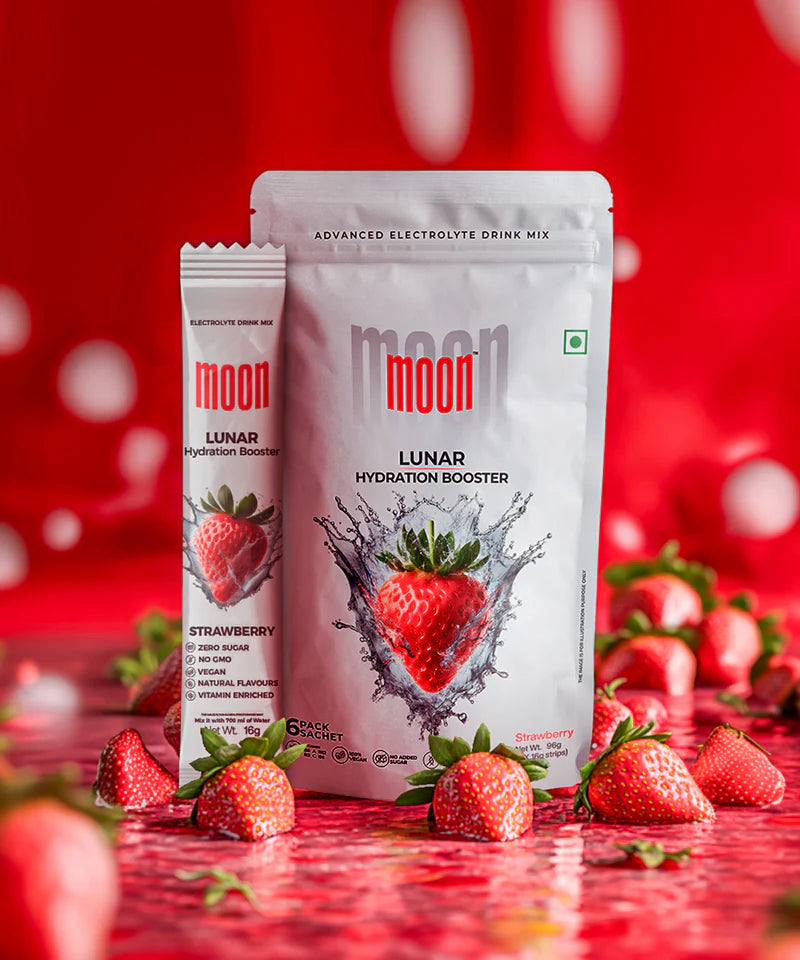 Electrolyte Drink | Lunar Hydration Booster - Strawberry Flavour - Vegan, Gluten Free, Non GMO &amp; No Added Sugar - Moon - (6x16g Strips) - 96gm