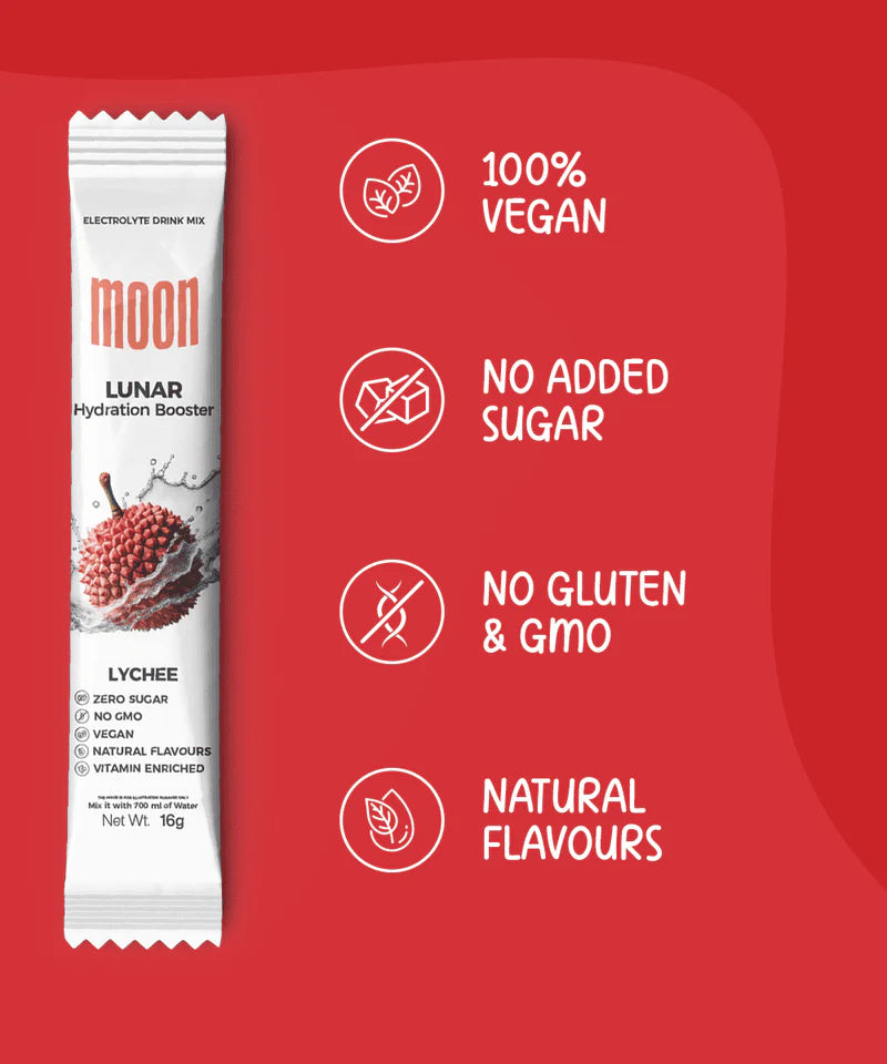Electrolyte Drink | Lunar Hydration Booster - Lychee Flavour - Vegan, Gluten Free, Non GMO & No Added Sugar - Moon - 16gm