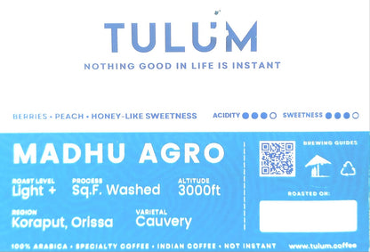 Coffee | Madhu Agro (Whole Beans) - Berries, Peach, Honey Like Sweetness - 100% Arabica – Not Instant – No Added Sugar, Honey, Fruit, Flavor, Chicory &amp;amp; Preservative – Tulum Coffee – 250gm
