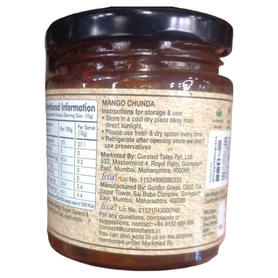 Pickle | Mango Chunda (Home Made With Probiotic Goodness) – 100% Natural – Vegan, No Added Colour & No Added Preservatives – Golden Grass – 200gm